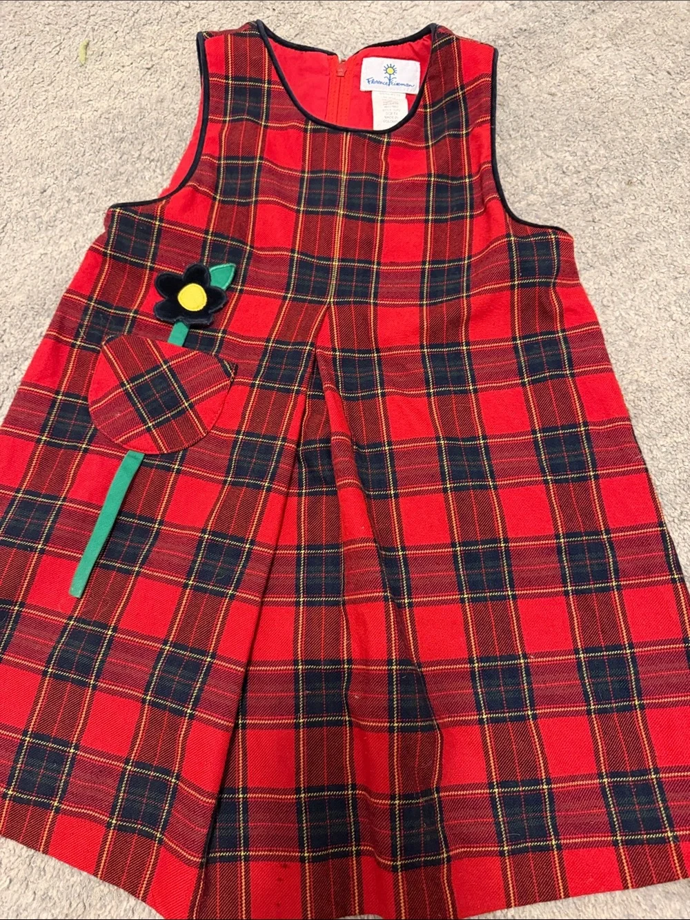 Florence Eiseman Red and Green Plaid Pinafore Dress with Flower Appliqué